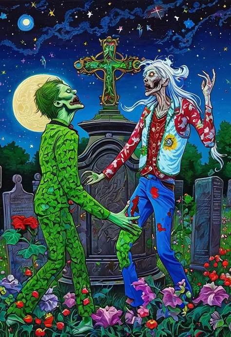  A zombie vs ivy in the cemetery, dream under the summer starry sky, Russian paraphernalia, from the shoulder, Very colorful,
 Best Improvisation,  ((Mordecai-Ardon style!)), ((perfect full body detail)), magic naive art, primitivism, protogen, crimson
, (...