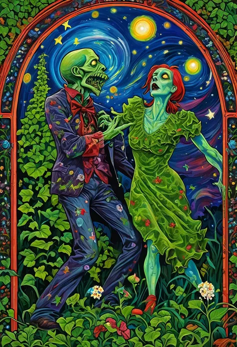  A zombie vs ivy in the cemetery, dream under the summer starry sky, Russian paraphernalia, from the shoulder, Very colorful,
 Best Improvisation,  ((Mordecai-Ardon style!)), ((perfect full body detail)), magic naive art, primitivism, protogen, crimson
, (...