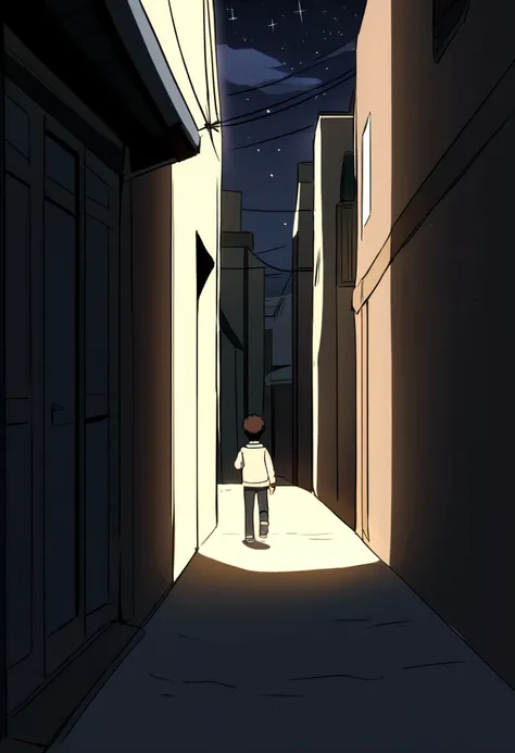 A 5-year-old boy walking down a dark, deserted street, dangerous situation, Alone boy, far from home, lost on the way to school, dim light, dirty street, dark sky, Sky without stars, anime style draw