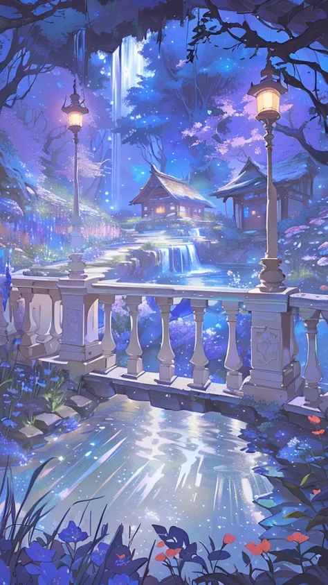 In the forest, a large hole, a hut standing, surrounded by flowers, a small waterfall, any number of small waterfalls, water pooling below, light shining, fantasy mood, Fairy tale style background, Starry sky environment under moonlight