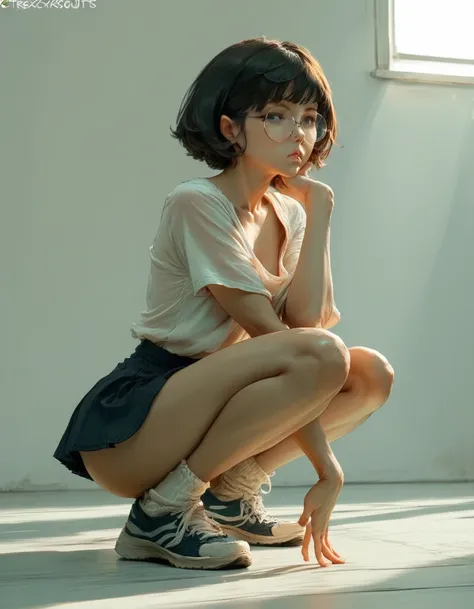 a woman in a short skirt and round glasses, short hair posing for a photo, a hyperrealistic anime girl, hyperrealistic, cutesexyrobutts, realistic and seductive, backlit, curved, ecchi, ecchi anime style, oppai, cute anime girl squatting, ecchi style, pout...