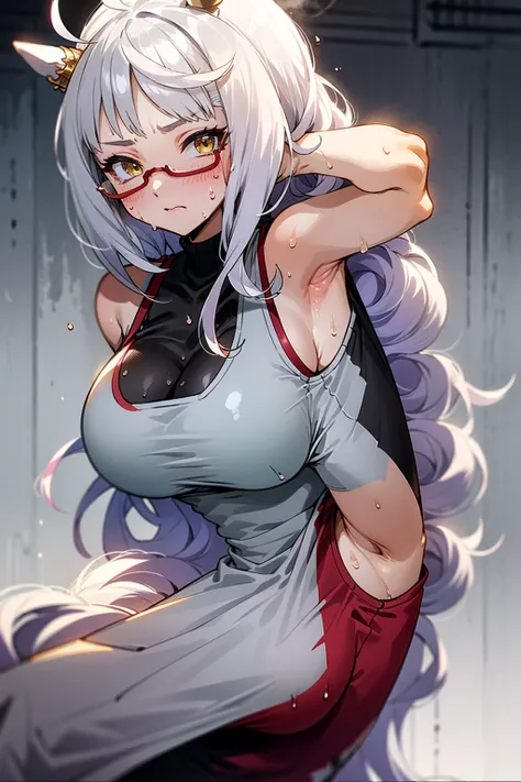 big girl,silver hair,exercise clothes,Sweating,smells of sweat,Clothes wet with sweat,Show your armpits,biwa hayahide (umamusume),semi-rimless eyewear, under-rim eyewear, red-framed eyewear,