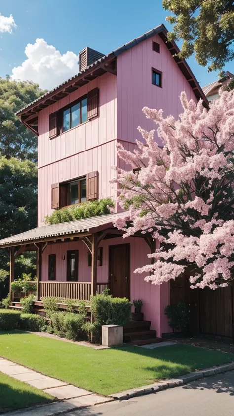 Pink wooden house with grass and açaí trees 