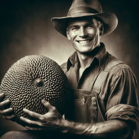 a feisty american farmer, 1930s farmer clothes, holding a big Jackfruit, smiling, old black and white advertisement shot, detailed farmer face, detailed hands, detailed clothing, weathered skin, rugged features, warm lighting, cinematic composition, high c...