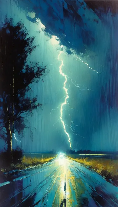 lonely road, night, big thunderstorm,  (art inspired by Bill Sienkiewicz). oil painting)
