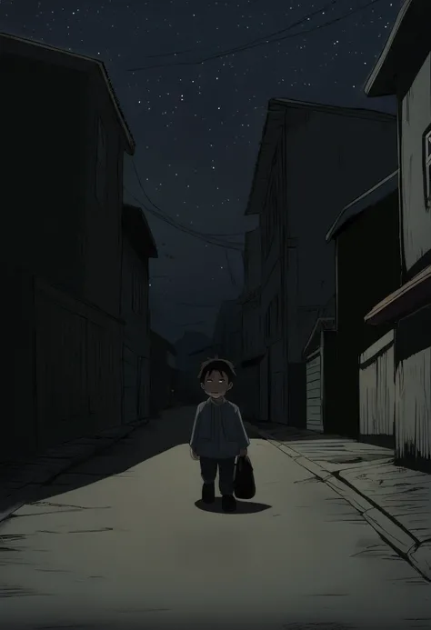 A 5-year-old boy walking down a dark, deserted street, dangerous situation, lost boy talking to a strange man, man with scary smile, holding a black bag, boy far from home, lost on the way, dim light, dirty street, dark sky, Sky without stars, anime style ...