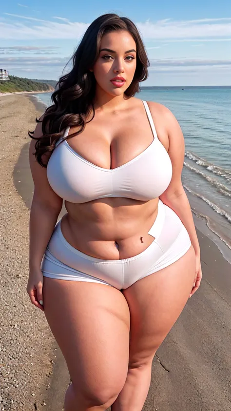 there is a Indian gorgeous American curvy plus size model Natalia Lozano in a red velvet shorts and white velvet cropped top and red lipstick standing in the roadside of a sea beach , angelawhite, alluring plus sized model, bbwchan, bbw, thicc, curvy model...