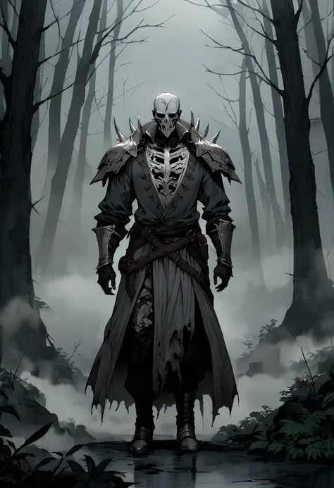 An undead paladin with a split jaw and empty eye sockets, gloomy atmosphere, rot, forest, fog, full body

