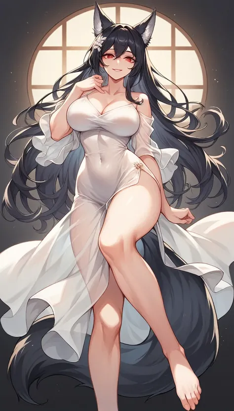 high detail, super detail, super high resolution, high quality. Extremely sexy and beautiful girl, with a beautiful face, wide and beautiful lips, lascivious smile, White skin, red eyes curvy body, beautiful feet and thighs, long black hair, black fox ears...