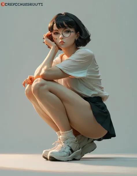 a woman in a short skirt and round glasses, short hair posing for a photo, a hyperrealistic anime girl, hyperrealistic, cutesexyrobutts, realistic and seductive, backlit, curved, ecchi, ecchi anime style, oppai, cute anime girl squatting, ecchi style, pout...