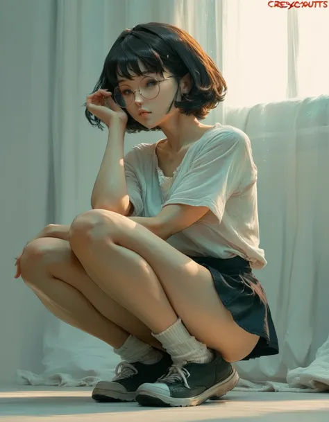 a woman in a short skirt and round glasses, short hair posing for a photo, a hyperrealistic anime girl, hyperrealistic, cutesexyrobutts, realistic and seductive, backlit, curved, ecchi, ecchi anime style, oppai, cute anime girl squatting, ecchi style, pout...