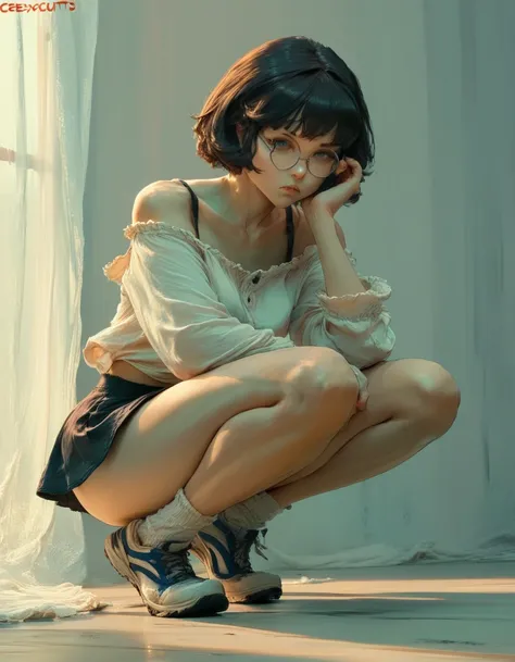 a woman in a short skirt and round glasses, short hair posing for a photo, a hyperrealistic anime girl, hyperrealistic, cutesexyrobutts, realistic and seductive, backlit, curved, ecchi, ecchi anime style, oppai, cute anime girl squatting, ecchi style, pout...