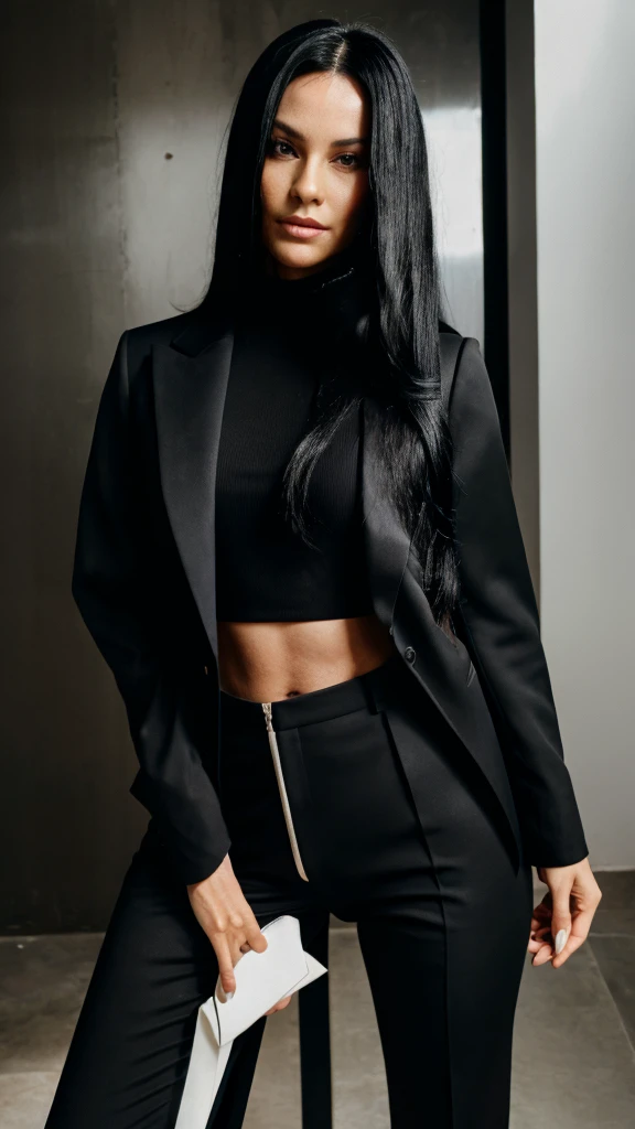 Woman 35 years old long black hair posing for magazine, black eyes sexy black suit