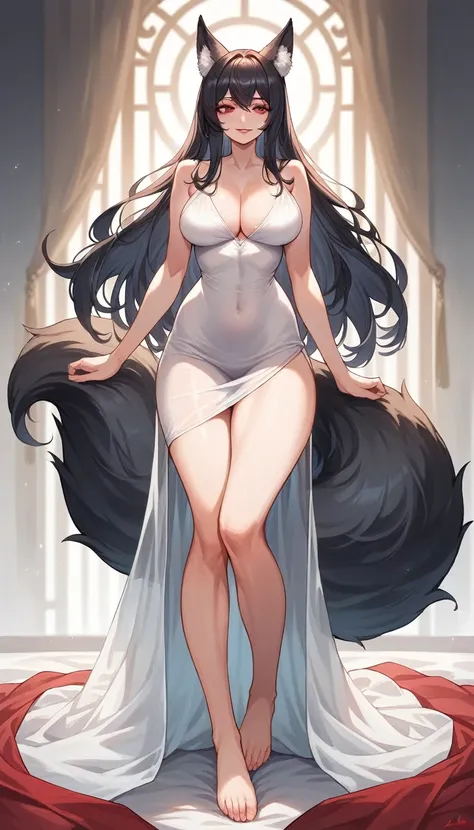 high detail, super detail, super high resolution, high quality. Extremely sexy and beautiful girl, with a beautiful face, wide and beautiful lips, lascivious smile, White skin, red eyes curvy body, beautiful feet and thighs, long black hair, black fox ears...