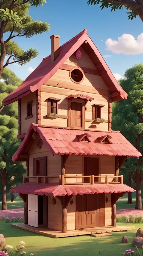 Wooden house made of pink oitao wood with grass and açaí trees 