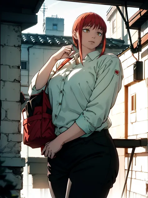 Le personnage Makima de la série animée Chainsaw Man, fragile, obésité morbide, ssbbw, pleine longueur (corps entier 1.1.), fond sombre, obscurité, anatomie correcte 1.1, anatomie correcte de la main, Très féminin, corps gras et rond, grosses Jambes, fesse...