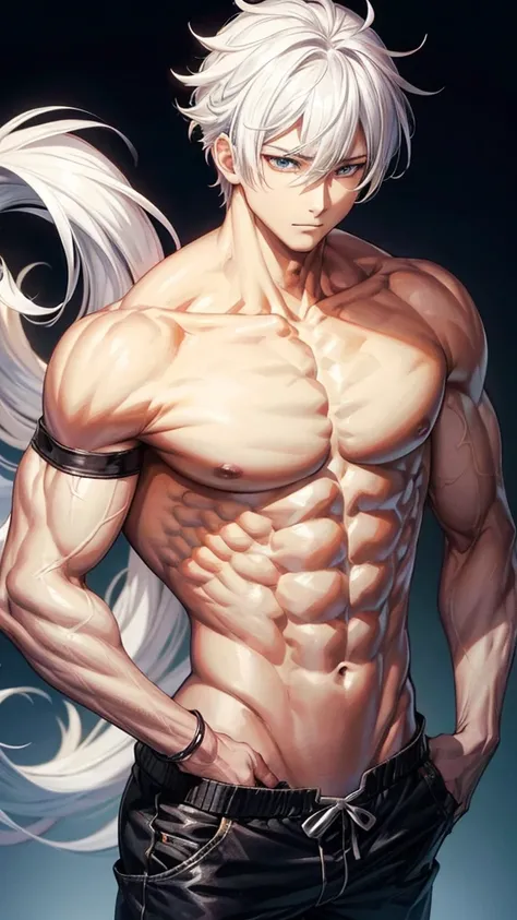 Anime guy shirtless
White hair
6 pack abs 
Strong chest
