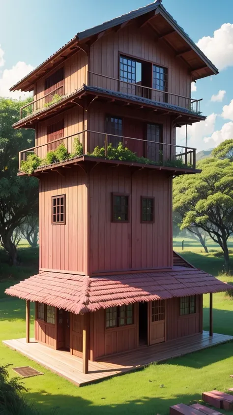 Wooden house made of pink oitao wood with grass and açaí trees 