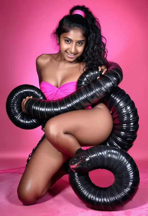 Pink bikini  Happy Horny, aroused 1girl), beautiful kneeling Indian  young teen girl with  giant colossal black titanboa squeezing her hard, wrapped in thick spiraling coils, constricted, struggle, gasping for air, snake attack, snake peril, moonless night...