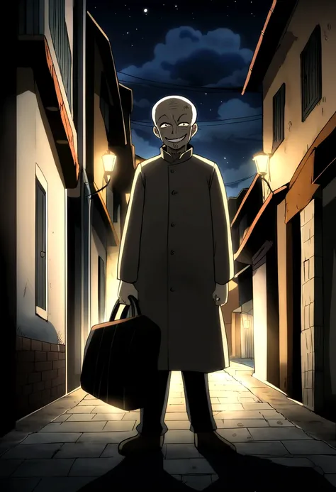 a strange man, man with scary smile, holding a black bag, dim light, dirty street, dark sky, Sky without stars, anime style draw