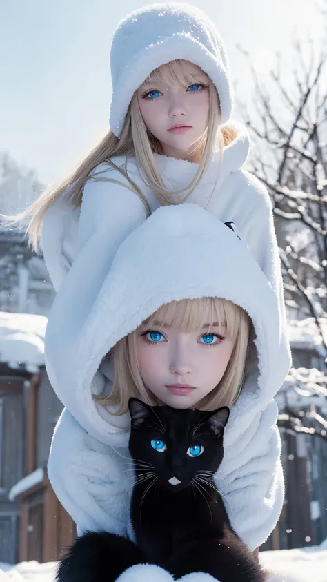 Pale blonde girl with bangs and crystal clear blue eyes, taking photo in the snowing snow with a soviet ushanka and with white sweatshirt and green pants holding his furry black cat 