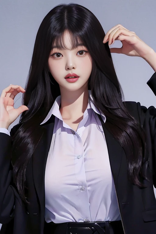 Araffe woman with long hair wearing a black jacket and a white shirt with purple eyes.,big breasts and her mini waist with big hips, jinyoung shin, heonhwa choe, bae suzy, sun yunjoo, Lee Ji Eun, Lee Ji Eun, from my part, janice sung, kim taejin, jia, Shin...