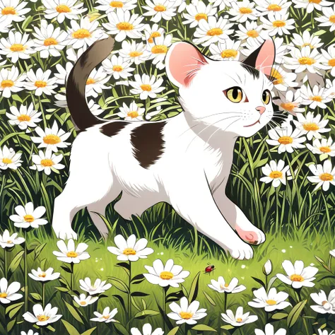 A black and white thin line vector illustration of a kitten surrounded by an array of flowers and grass, with tiny realistic insects and a tiny mouse crawling around. The cat is depicted in a playful walking pose, eyes filled with curiosity looking at the ...