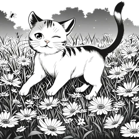 A black and white thin line vector illustration of a kitten surrounded by an array of flowers and grass, with tiny realistic insects and a tiny mouse crawling around. The cat is depicted in a playful walking pose, eyes filled with curiosity looking at the ...