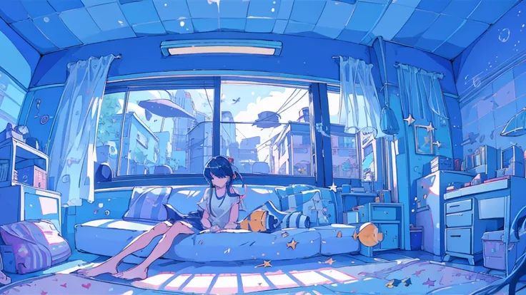 (1 girl)Detailed details, Inside the room, large window, at night, girl sitting on the floor looking at you, headphones, tropical fish floating, star night, stars outside the window, room light shining