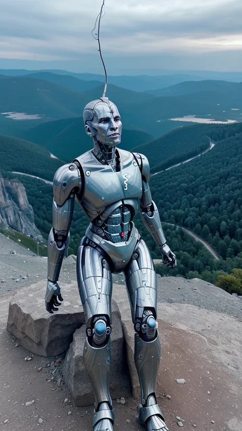 A human with robotic limbs resembling a terminator with a whip in his hand on top of a mountain thinking of conquering the world 