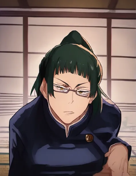 score_9, score_8_up, score_7_up, source_anime,
MakiZenin, Maki Zenin, green ponytail hair, glasses, yellow eyes,
blue tight skirt, blue tight jacket, jujutsu kaisen uniform,
indoors, dojo, seductive pose,
solo, looking at viewer, 