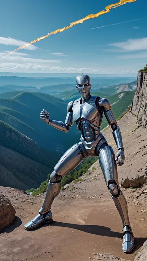 A human with a robotic arm and legs resembling a terminator with a whip in his hand on top of a mountain thinking of conquering the world 