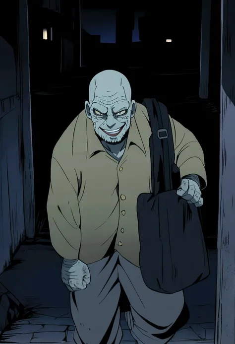 a strange man, man with scary smile, holding a black bag, dim light, dirty street, anime style draw