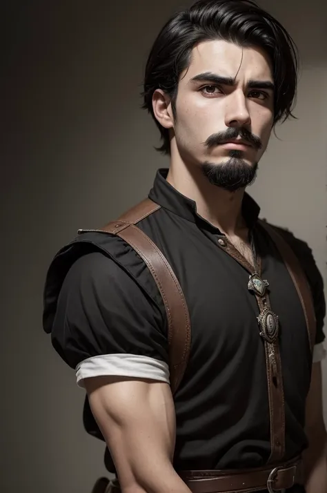 Ferreiro João Vit, 18 years old, short black hair with a goatee mustache and a serious look and a little dark circles under his eyes from the middle ages 
