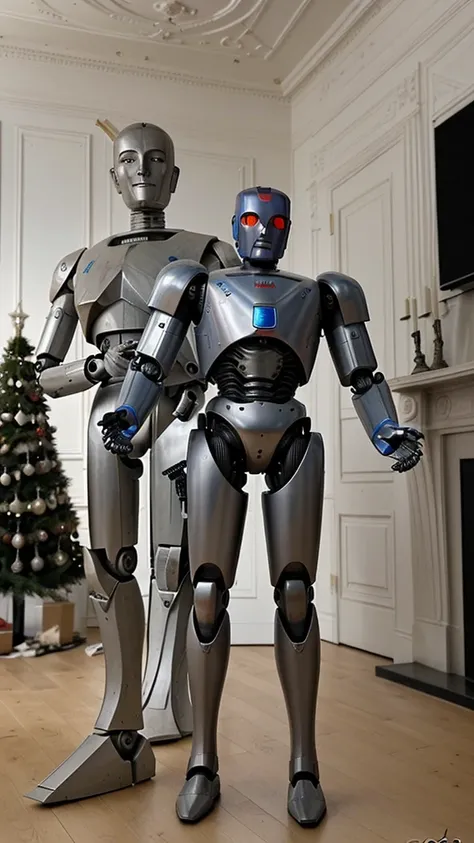 Un homme avec l’apparence d’un robot avec un fouet dans la main dans un decors de guerre  