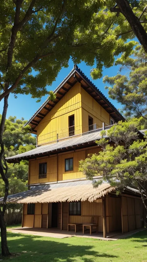 Yellow oitao wooden house with grass and açaí trees 