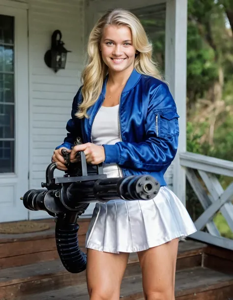 photo realistic , beautiful 21 year old blonde woman, holding with both hands a M124 minigun, aiming gun at camera,  smiling, full body in frame, smirking, full body image, two tone royal blue and white satin bomber jacket fully zipped, , satin cheerleader...