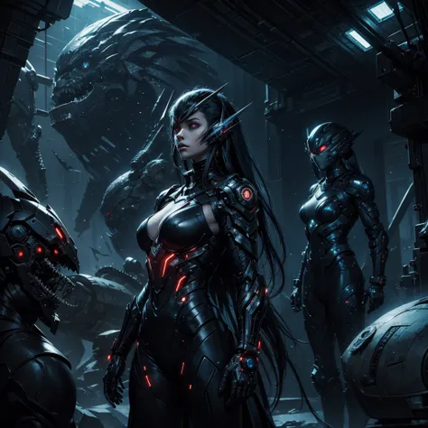 A cyber vampire in a futuristic space colony surrounded by mysterious creatures and dark and mysterious cyborgs