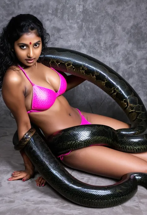 Pink bikini  Happy Horny, aroused 1girl), beautiful kneeling Indian  young teen girl with  giant colossal black anaconda squeezing her hard, wrapped in thick spiraling coils, constricted, struggle, gasping for air, snake attack, snake peril, moonless night...