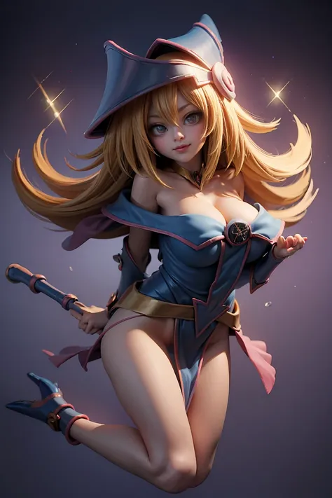 (Masterpiece:1.2), (The best quality:1.2), perfect lighting, Dark Magician Girl casting a spell, floating in the air, big tits, neckline, magic background. Transparent hearts in the air, blue robe, big hat, From above, sparkles, Yugioh Card in the backgrou...