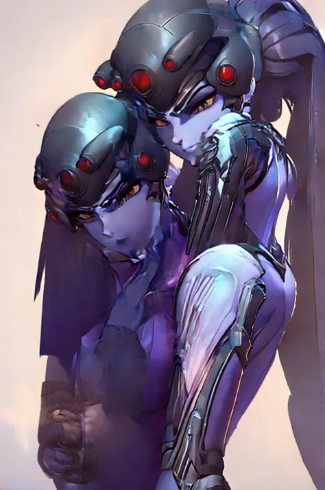 Widowmaker, sexy female with purple skin and dark blue hair, stockings, muscle