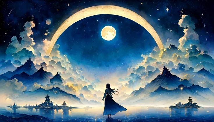 a painting of&#39;a river with stars and moon in the sky, art conceptuel inspiré de Tosa Mitsuoki, Gagnant du concours Pixiv, best quality, art fantastique, beautiful scene&#39;アニメ, A bright moon, environnement étoilé au clair de lune, Dream painting, Back...