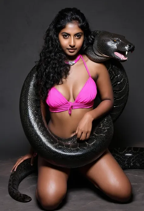 Topless Pink bikini  Happy Horny, aroused 1girl), beautiful kneeling Indian  young teen girl with  giant colossal black titanboa squeezing her hard, wrapped in thick spiraling coils, constricted, struggle, gasping for air, snake attack, snake peril, moonle...