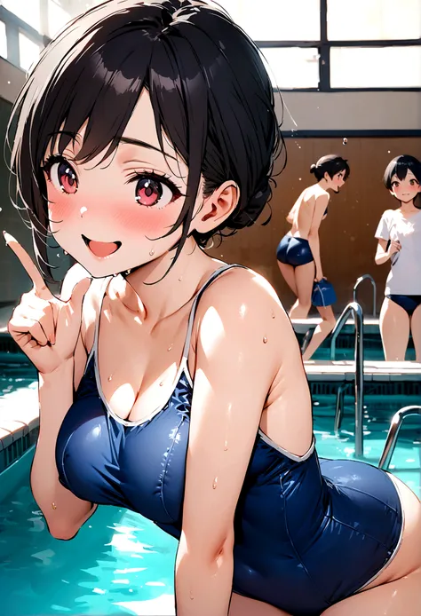 Highest quality,masterpiece,Black Hair,Classmate,School swimming pool,Teasing and teasing the boys,Friendly,Old school swimsuit,Accentuate your breasts,14 years old