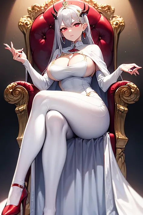 masterpiece, extra limbs, 1vampire lady, 250 years old,((light silver extra long hair)), slant blank ruby red eyes, big breasts, curvy,(pale white finely detailed skin), (serious),(((clothed elegant dress))),hair ornaments,earrings,cape,Grimoire,crossed le...