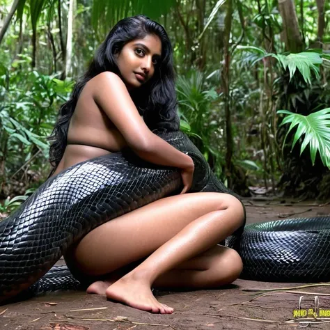  Topless  pink thong wearing aroused horny beautiful happy indian  teen girl  vs  Giant colossal black anaconda    monster wrapped around her body squeezing her in coiled embrace cuddling and kissing  sexual erotic bestiality  sex  realistic in the rainfor...