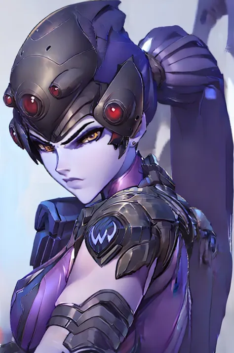 Widowmaker, sexy female with purple skin and dark blue hair, stockings, muscle