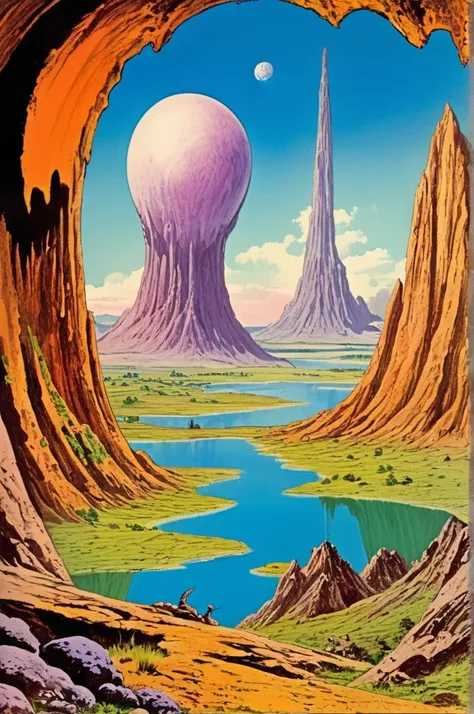 Josh Kirby Style - Vibrant and funky alien landscapes，There are clouds、Vast lake and beautiful views, Caves and mountains in the distance, 1970s Comic Science Fiction Art
 , Josh Kirby Style Page
 , Josh Kirby Style Page