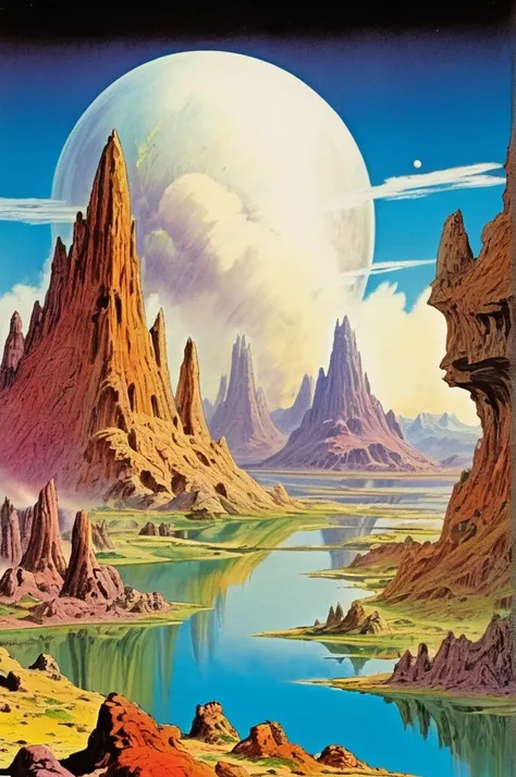 Josh Kirby Style - Vibrant and funky alien landscapes，There are clouds、Vast lake and beautiful views, Caves and mountains in the distance, 1970s Comic Science Fiction Art
 , Josh Kirby Style Page
 , Josh Kirby Style Page