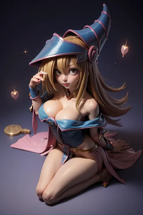 (Masterpiece:1.2), (The best quality:1.2), perfect lighting, Dark Magician Girl casting a spell, floating in the air, big tits, neckline, magic background. Transparent hearts in the air, blue robe, big hat, From above, sparkles, Yugioh Card in the backgrou...